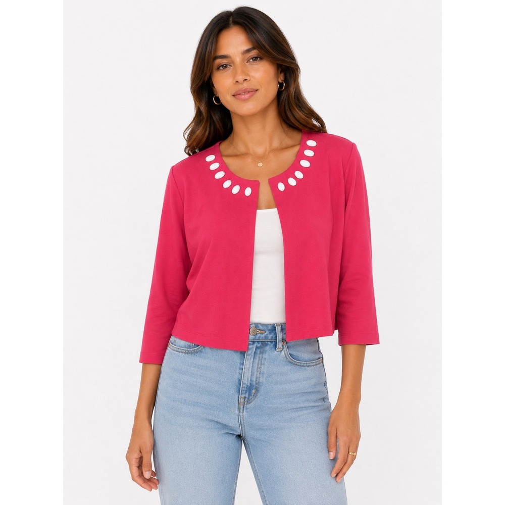 Perceptions Shrug Jacket Womens Large Pink Beaded Neck Cropped 3/4 Sleeve Bolero